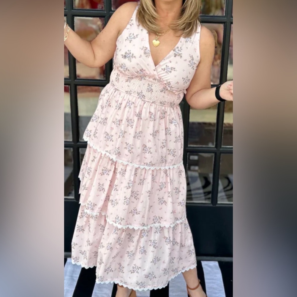 TCEC Pink Floral Tiered V-Neck Dress for Girls